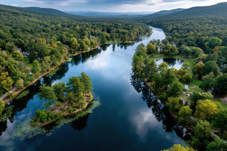 An aerial view of a calm river flowing through a verdant forest landscapeの写真素材