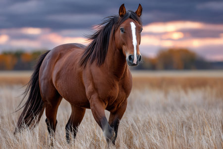 A brown horse with a white blaze stands in a field of golden grass at sunsetの写真素材