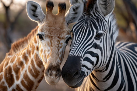 A zebra and a giraffe nuzzle heads affectionately in a natural settingの写真素材