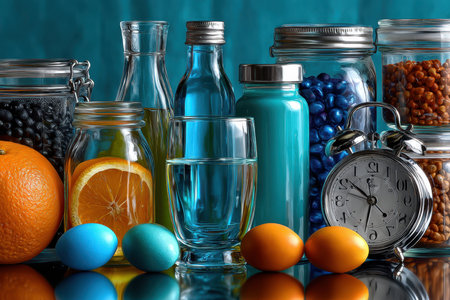 A still life with colorful food items, jars, and an alarm clockの写真素材