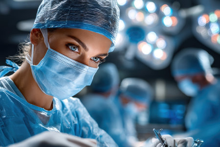 Close up of female surgeon during operation in hospitalの写真素材