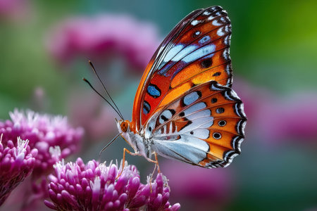 A colorful butterfly rests on a vibrant purple flower in a gardenの写真素材