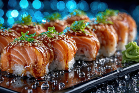 Closeup of salmon sushi rolls garnished with sesame seeds on a dark, wet plateの写真素材