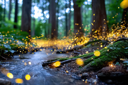 Golden bokeh lights float over a forest stream at twilightの写真素材