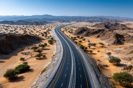 An aerial view of a highway winding through a desert landscapeの写真素材