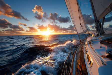 A sailboat glides through the waves at sunset on a vast oceanの写真素材