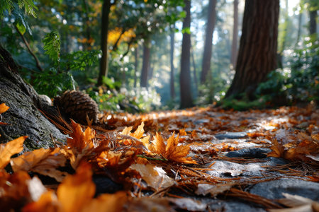 Fallen autumn leaves blanket a forest floor near a pinecone and tree baseの写真素材