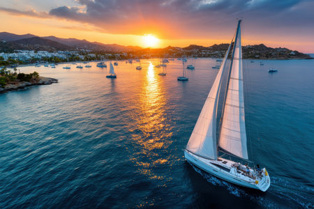 Sailboat cruising at sunset near a coastal townの写真素材