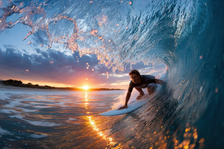 Surfer rides a wave inside a tube at sunsetの写真素材