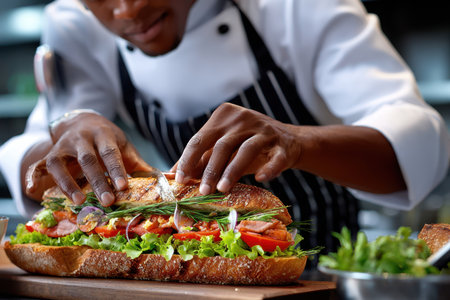 A chef focuses on assembling a vibrant sandwich with fresh vegetables, herbs, and bread in a contemporary kitchen.の写真素材