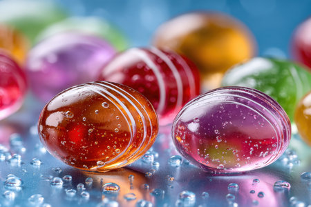 Colorful glass marbles with water droplets on a reflective blue surfaceの写真素材