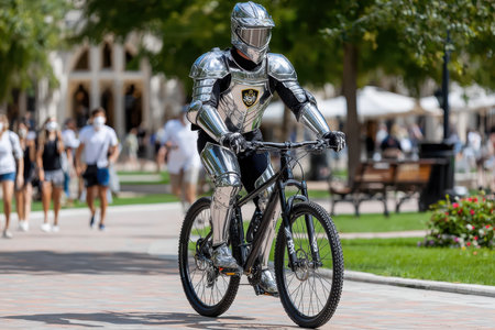 A knight dressed in shiny armor cycles through a bustling park filled with afternoon visitors.の写真素材
