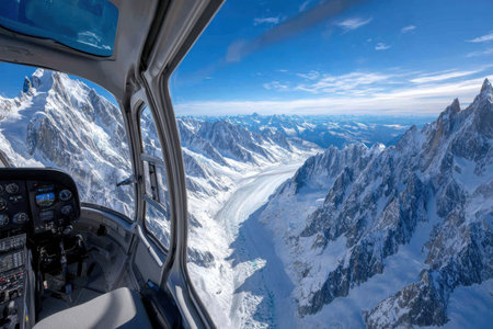 A view from a helicopter cockpit over a snowy mountain range and glacierの写真素材