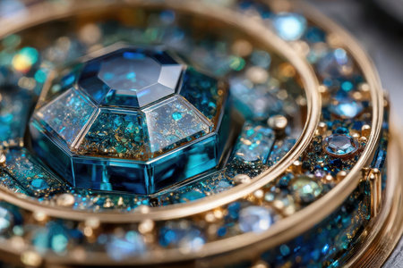 Intricate design featuring a stunning jewel with vibrant blue stones set in a golden decorative frame.の写真素材