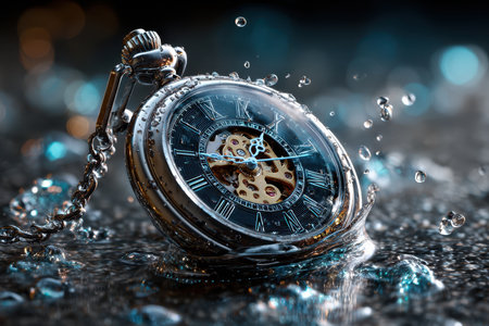 A beautiful pocket watch lies partly submerged in water, showing intricate mechanics and glimmering reflections.の写真素材