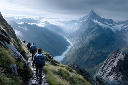 A group of hikers walks along a rugged mountain path, surrounded by dramatic landscapes and misty valleys.の写真素材