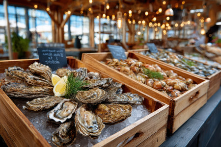 Elegant seafood arrangement showcases fresh oysters and shellfish in a market atmosphere during evening hours.の写真素材