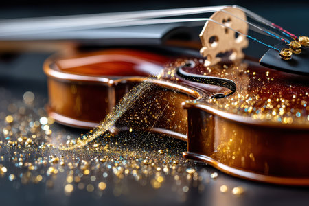 A close view of a violin surrounded by sparkling gold glitter creating a magical atmosphere.の写真素材