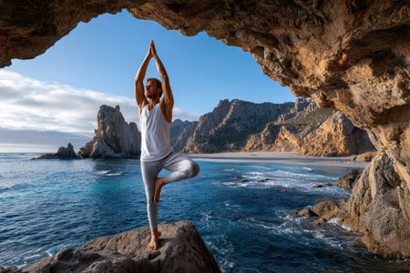 A person practices yoga in a tree pose on rocky shores, overlooking the calm ocean at sunrise.の写真素材