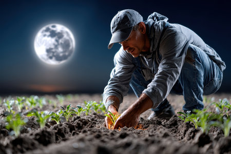 A dedicated gardener carefully plants seedlings in dark soil while illuminated by bright moonlight.の写真素材