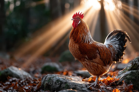A rooster stands confidently on a rock, its feathers shining in the warm sunlight filtering through trees during autumn.の素材
