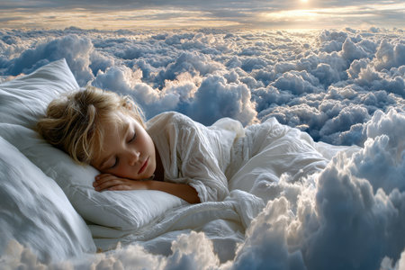 A young child rests comfortably, surrounded by soft clouds, as the sun sets in the background.の写真素材