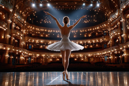 A ballet dancer gracefully performs on stage surrounded by bright lights and elegant architecture.の写真素材