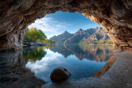 A calm lake reflects mountains and sky as seen from inside a caveの写真素材