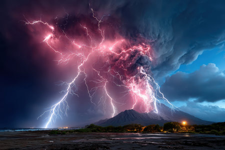 A volcano erupts with pink and white lightning strikes in the night skyの写真素材