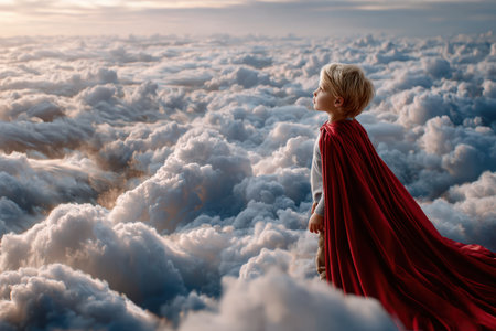 A young child stands atop fluffy clouds, dressed in a bright red cape, gazing at the colorful horizon.の写真素材