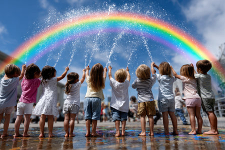 A group of children delight in spraying water while standing beneath a colorful rainbow on a sunny day.の写真素材