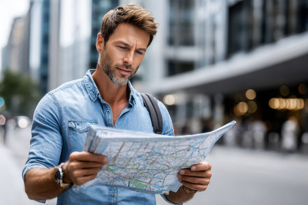 Man studies a map while navigating through a bustling urban environment on a sunny day.の写真素材