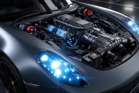 Closeup view of a sleek, modern car engine under the hoodの写真素材
