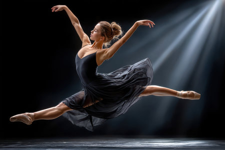 Ballerina in midair split leap on dark stageの写真素材