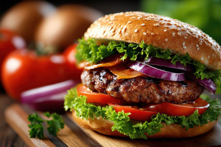 A juicy hamburger with fresh vegetables, shot in natural daylight, using a DSLR camera, to bring out the appetizing detailsの写真素材