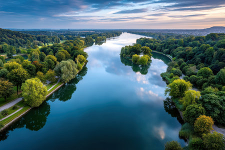 Aerial view of a serene river winding through a lush green forest at sunriseの写真素材