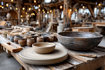 A pottery wheel spins with a clay bowl in a workshopの写真素材