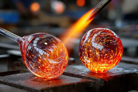 Two glowing balls of molten glass are being shaped in a workshopの写真素材