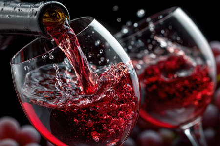 Red wine is poured from a bottle into a glass with grapes in the backgroundの写真素材