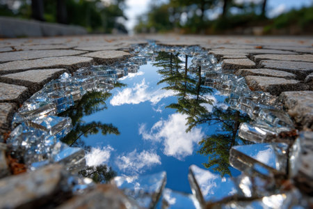A broken mirror reflects trees and sky on a cobblestone pathの写真素材