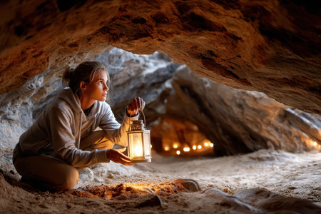 A woman explores a sandy cave lit by a lantern and distant candlesの写真素材