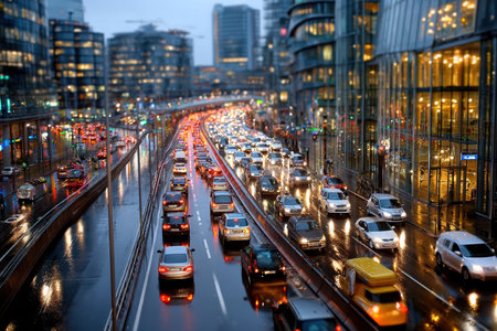 Cars in heavy traffic on a rainslicked city street at duskの写真素材