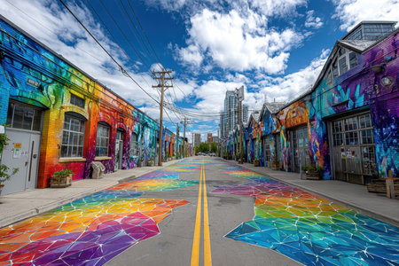 A colorful street mural brightens an urban street on a sunny dayの写真素材