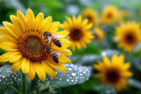 Two bees on a bright yellow sunflower with water dropletsの写真素材