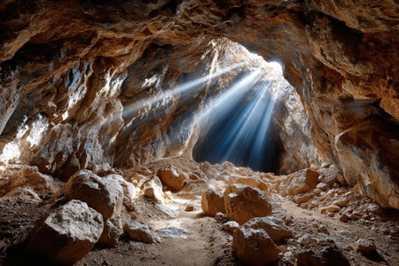 Sunbeams illuminate the rocky interior of a large caveの写真素材