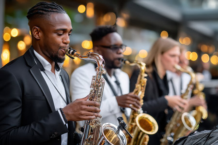 A group of saxophonists performing outdoors at an eventの写真素材