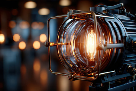 A beautifully designed industrial light fixture shines warmly while enhancing an elegant interior in the evening.の写真素材