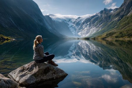 A woman enjoys the serene view of a lake surrounded by majestic mountains under clear skies.の写真素材