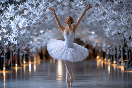 A talented ballet dancer captivates the audience beneath a stunning display of paper cranes.の写真素材
