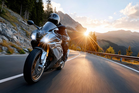 Motorcyclist rides along a winding mountain road at sunsetの写真素材